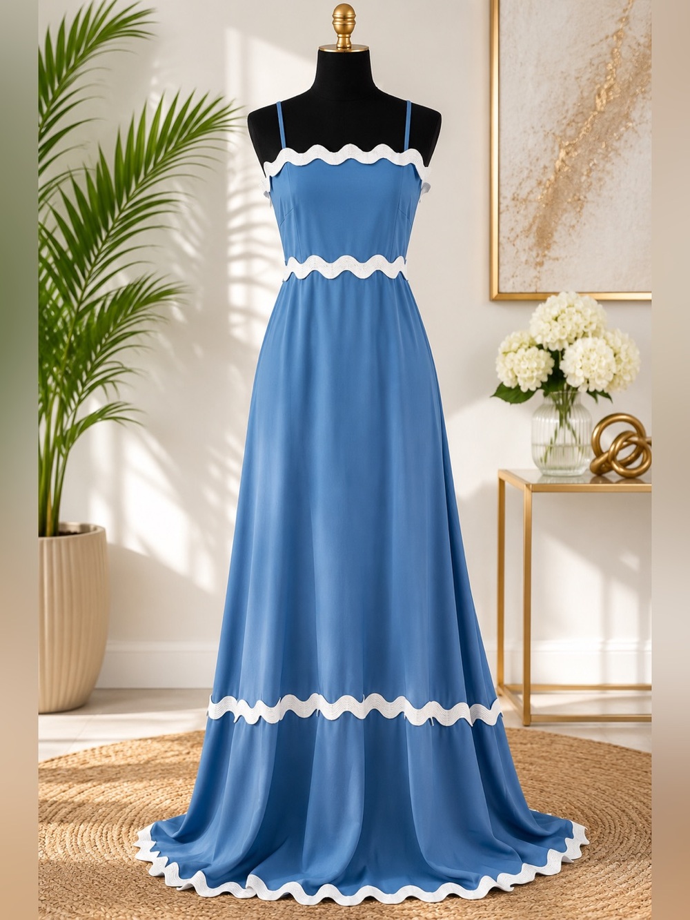 Sky Blue Spaghetti-Strap Maxi Dress with White Scallop Trim